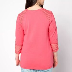 LOGO Lori Goldstein Life Women Coral  3/4‎ Sleeve Crew Top  With Crochet 4x #105